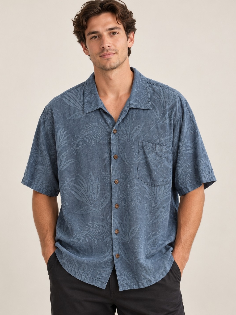 Boundary Bay 100% Silk Blue Hawaiian Button-Up Shirt
